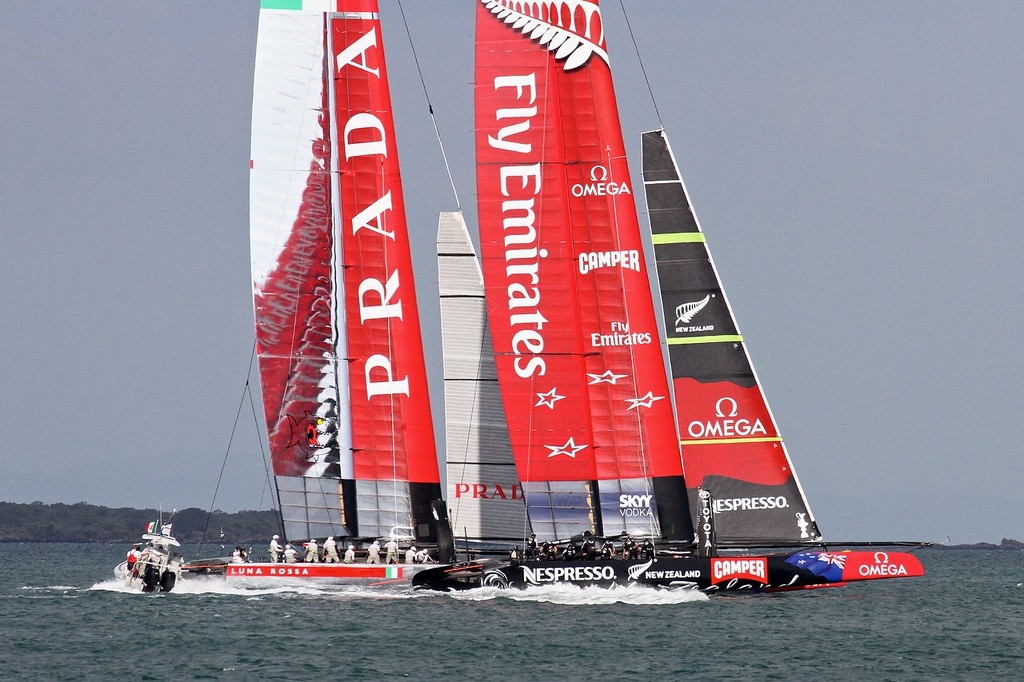 The two boats start to accelerate  for the start - AC72 Race Practice - Takapuna March 8, 2013 © Richard Gladwell www.photosport.co.nz